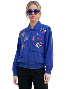 Vintage Saint Germain Cobalt Blue Silk Bomber Jacket 70s Embroidered Travel S/P